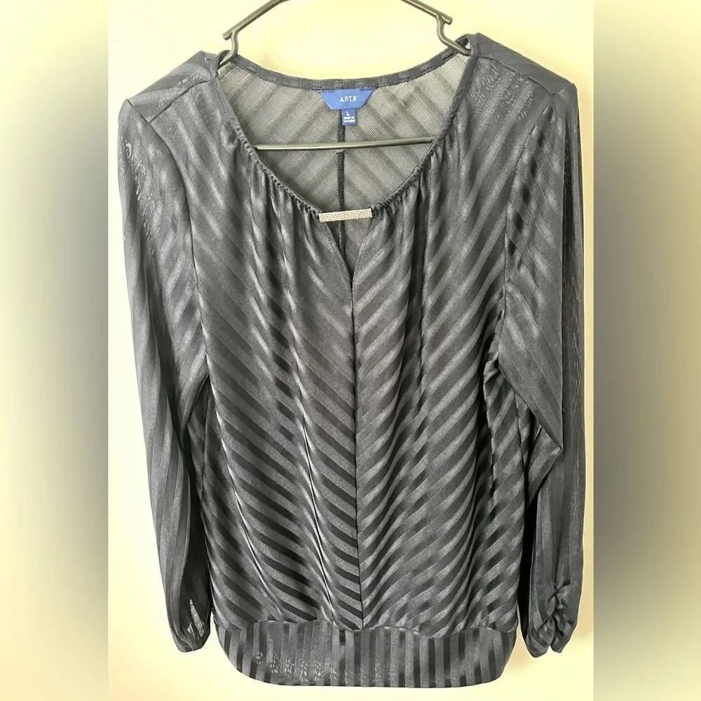 Apt. 9 Womens Navy Blouse Longsleeve Stripe Size Large Sheer/ Shimmer
